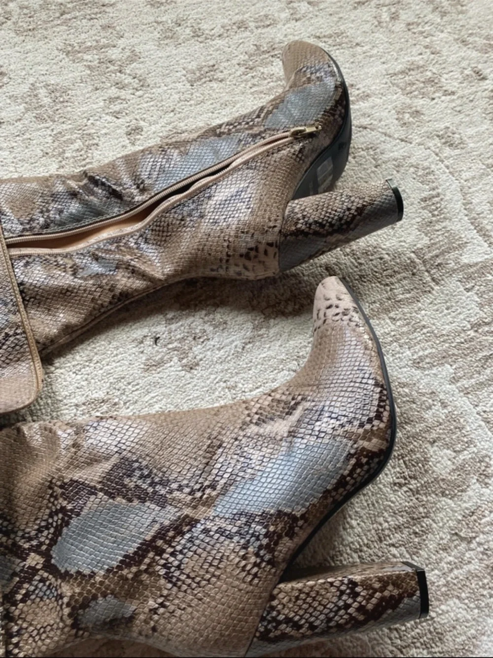 Snake-Print Over-the-Knee Boots in Taupe Brown